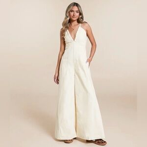 By Together Cream Halter Strappy V-Neck Jumpsuit LARGE